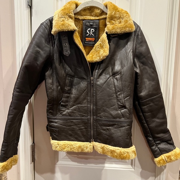 Sourock Brown Leather Jacket with Plush Shearling Collar Sz Large - Picture 5 of 10